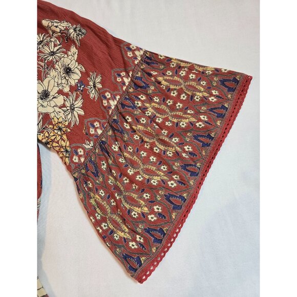 Angie Rust Floral Print Off-Shoulder Romper With Bell Sleeves & Waist Tie Size M - Picture 7 of 15